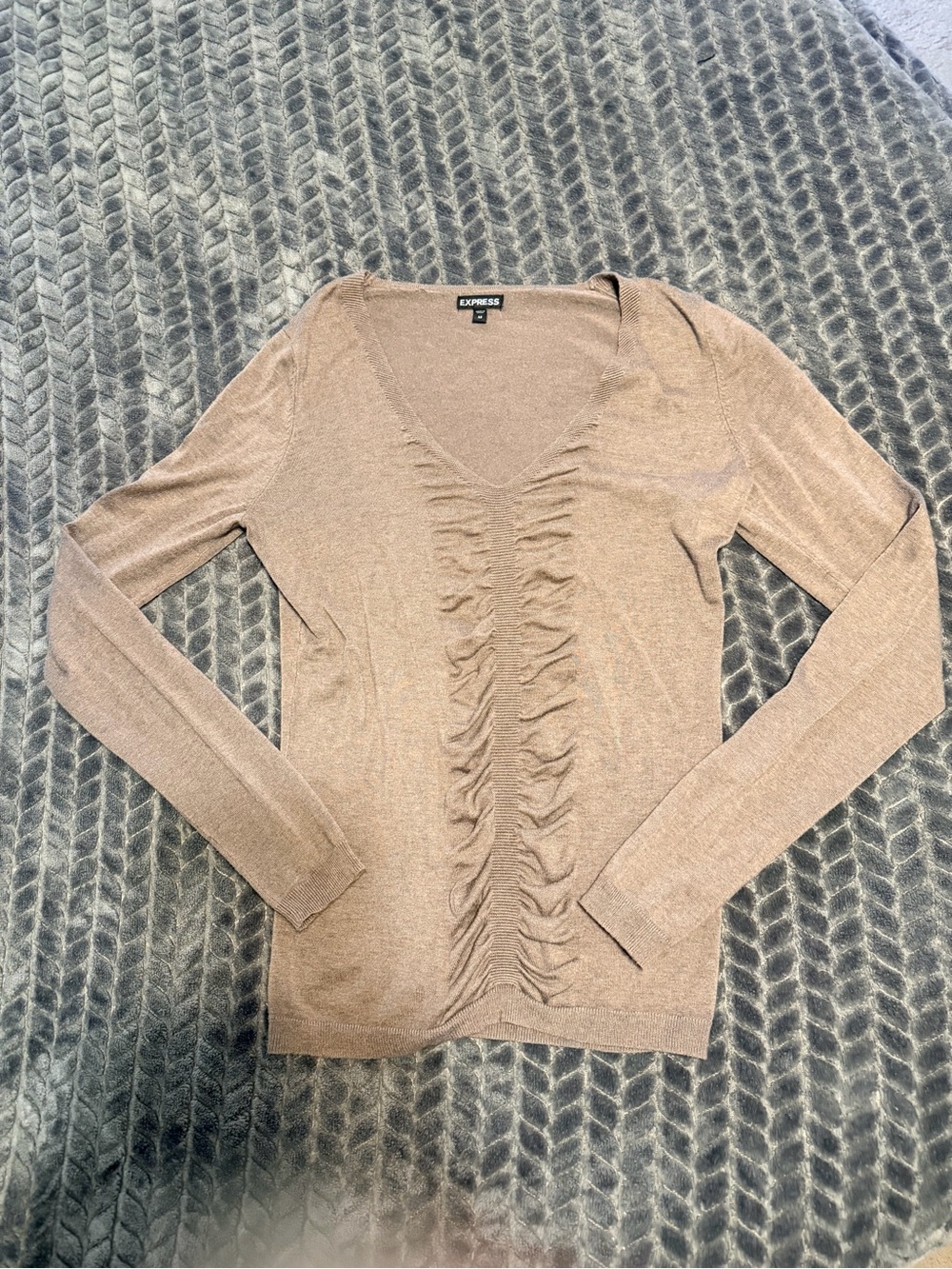Express Taupe V-Neck Ruffle Front Sweater